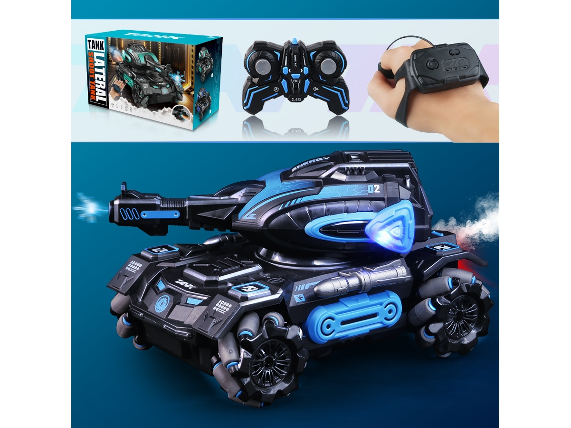 Coche RC con pulverizador de 2,4 g, 4x4, lanzador de agua, modelo de tanque blindado, control por reloj, juguete azul. Aeuzwr