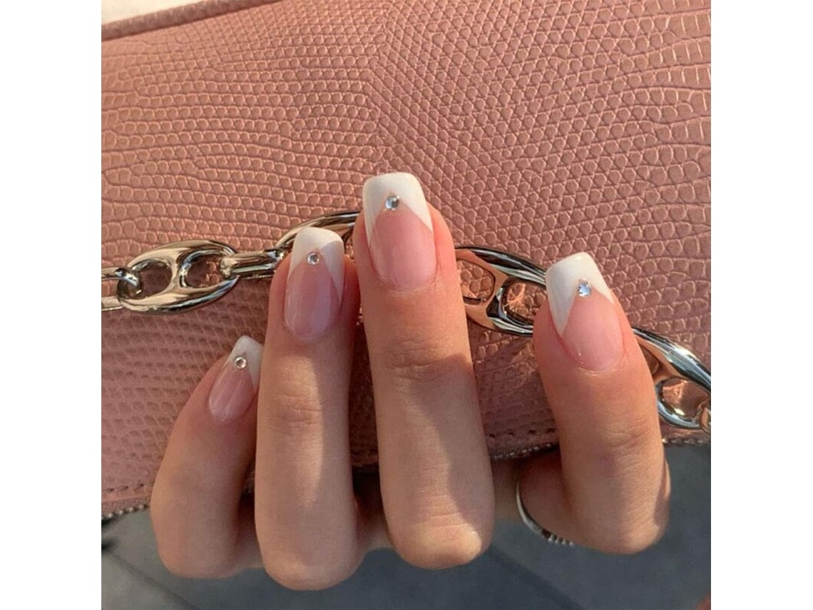 Juego De 24 Puntas De Uñas Estilo Francés Con Borde Plateado, Modelo Para Uso Diario, Pegamento Transparente Regular*.