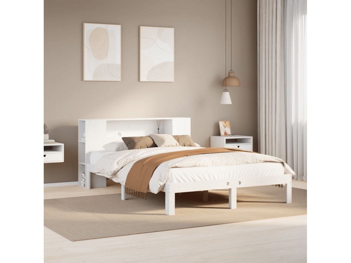 Cama Con Estantería Sin Colchón Madera Maciza Blanca 120x190 Cm