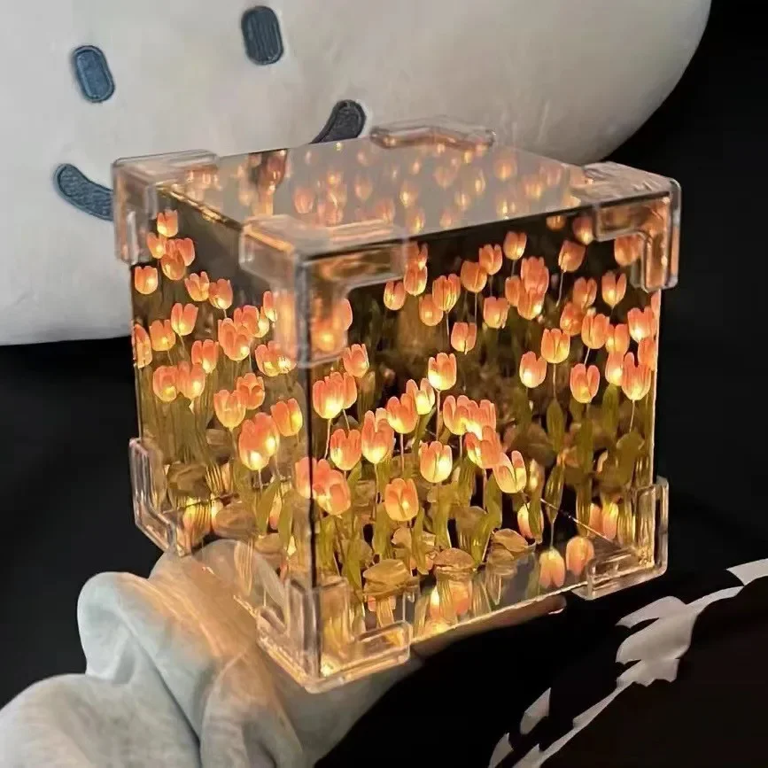 (rosa) Lámpara De Noche Con Forma De Cubo De Tulipán Diy, Luz Ambiental Decorativa