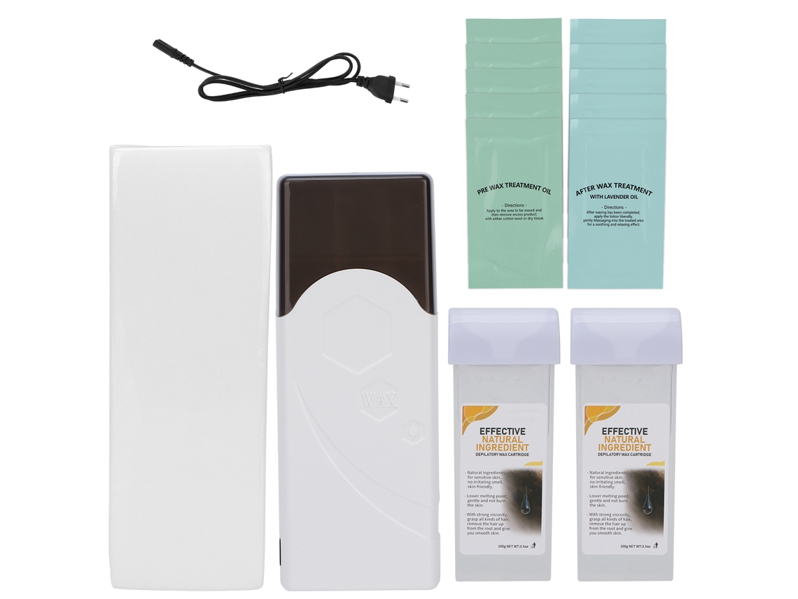 Kit de encerado con calentador de cera y toallas de limpieza.