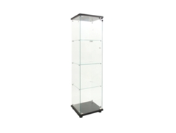 Vitrina de cristal con iluminación LED, diseño que ahorra espacio, cuatro estantes negros e iluminación.