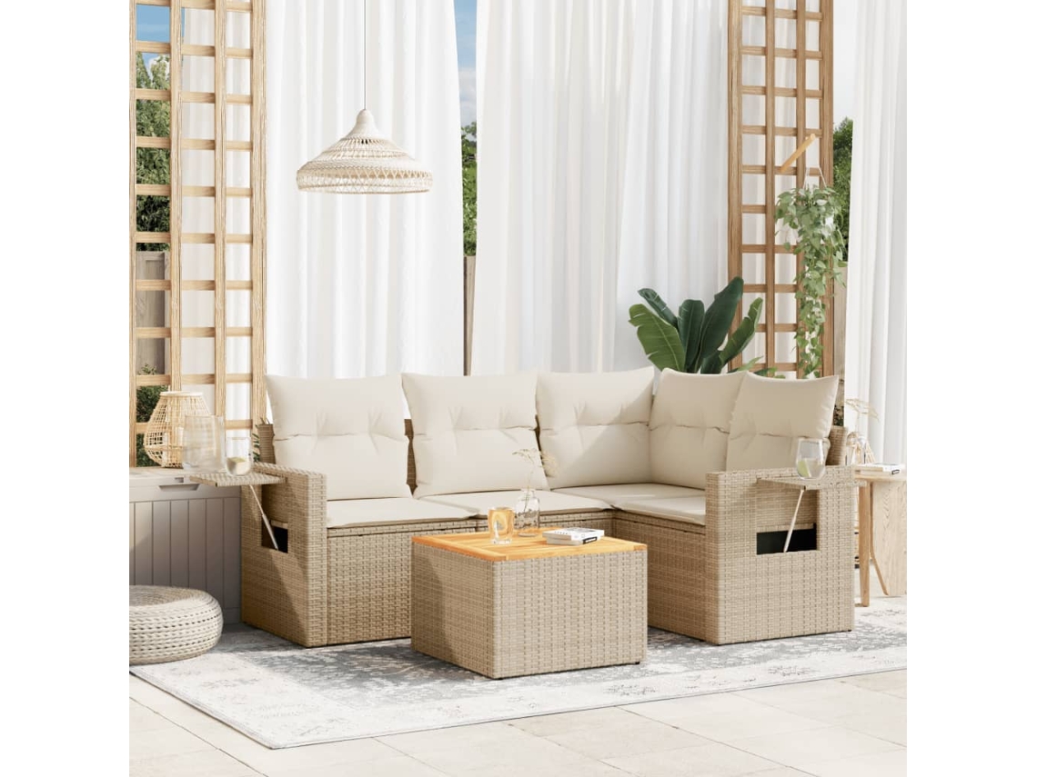 Conjunto de sofá de jardín de 5 piezas con cojines, mimbre sintético beige, Dkd Home Decor