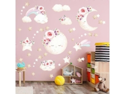 Conjunto de pegatinas de pared con motivos de luna, estrellas y arcoíris.