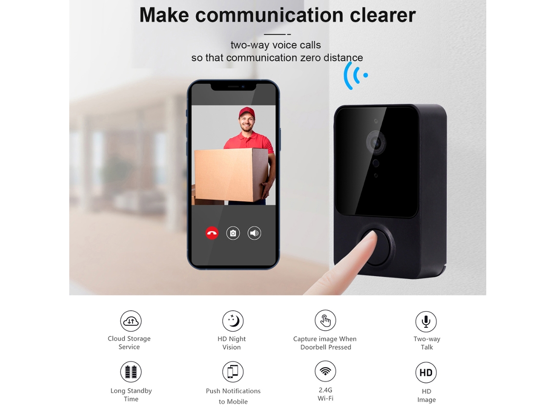 Timbre Inalámbrico Inteligente Con Cámara Hd, Detección De Movimiento Pir Y Alerta Ir Para La Seguridad Del Hogar.