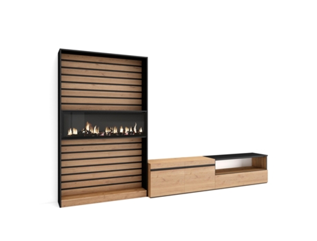 Muebles de Salón para TV SKRAUT HOME Para TV hasta 80", Chimenea eléctrica, Roble y Negro (310x186x35 cm)