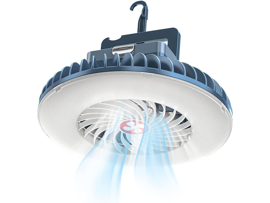 Ventilador silencioso con luz LED interna, batería recargable mediante USB, accesorios para camping.