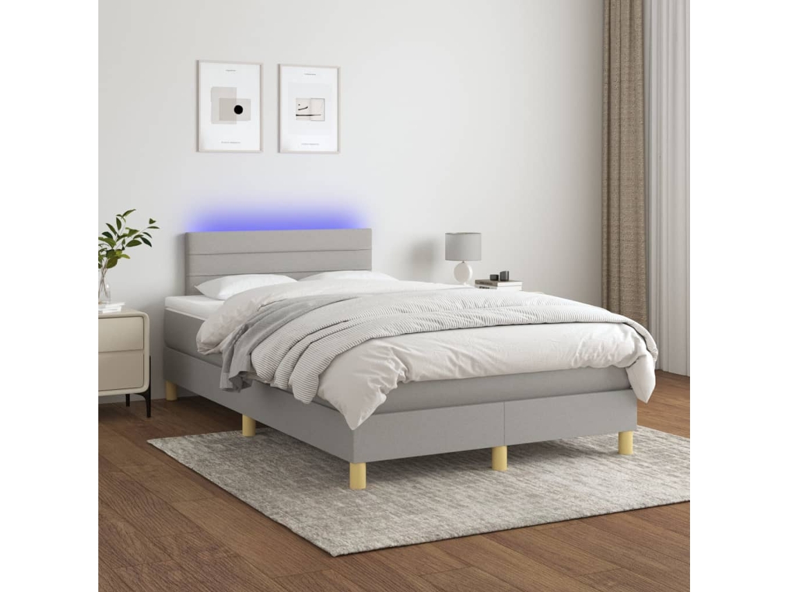 Cama Box Spring Con Colchón Tela Y Led Gris Claro 120x200 Cm