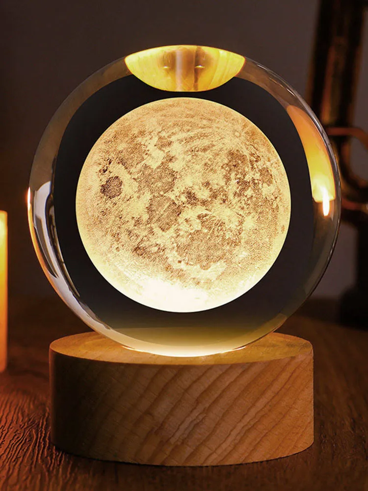 Globo Lunar De 60 Mm (60 Mm Con Base Iluminada), Bola De Cristal, Cristal De Cuarzo Grabado Con Láser 3d.