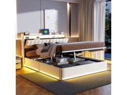 Cama Matrimonial Led Hidráulica 140x200 Cm Cabecero Terciopelo Almacenaje Luz Rgb