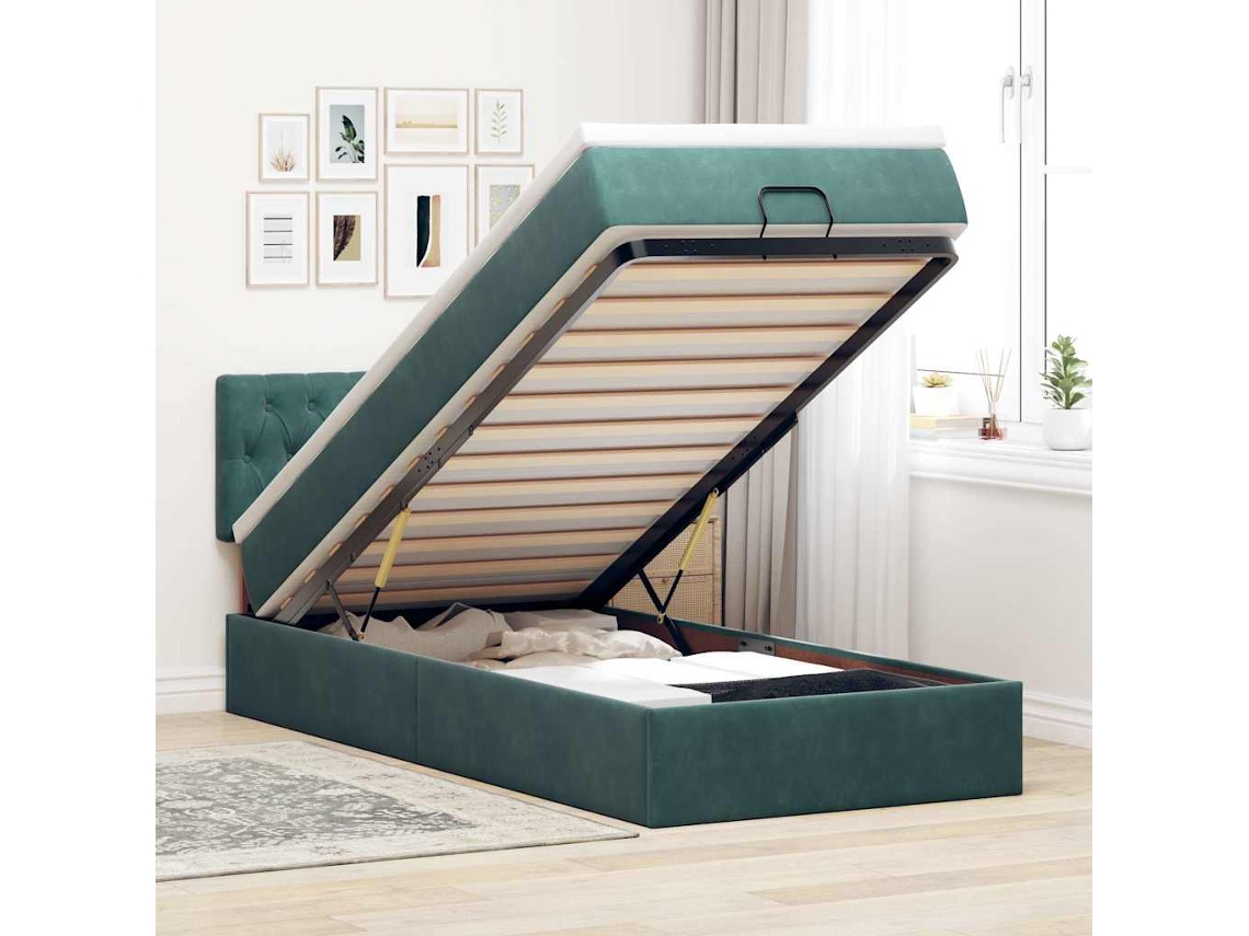 Estructura De Cama Otomana Con Colchón Terciopelo Verde Oscuro