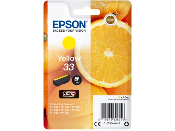 Cartucho de tinta original EPSON, 33, Naranjas 4,5 ml , Amarillo, Estándar, C13T33444012, T3344