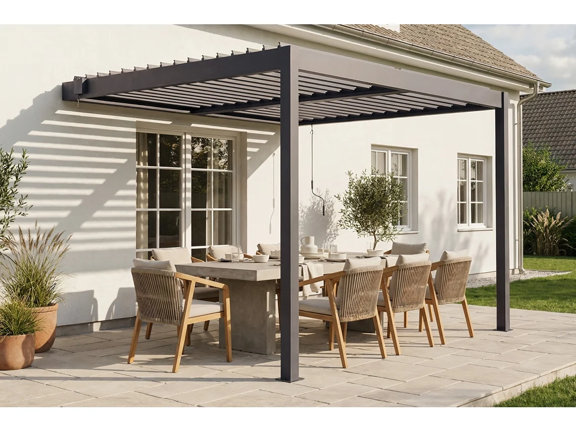 Pérgola bioclimática Piana de 3x2,5m con cubierta de aluminio gris antracita.