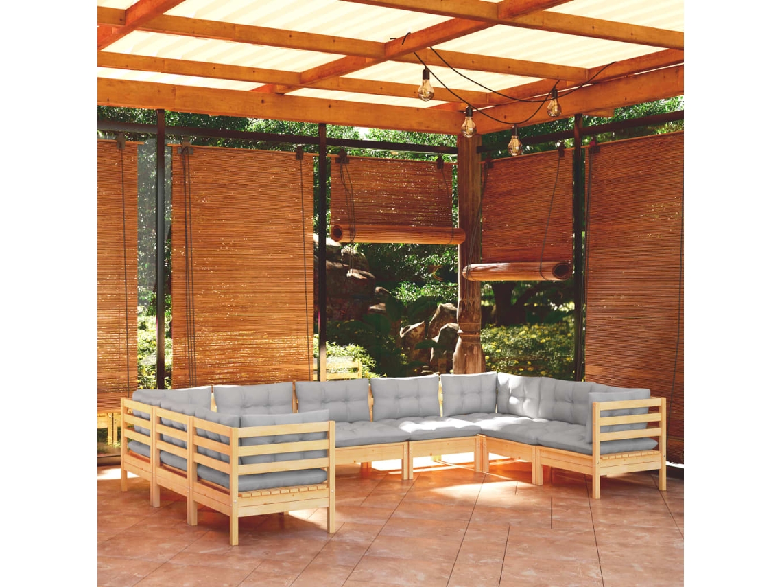 9 Piezas Conjunto Lounge De Jardim C/ Almofadões Cinzentos Pinho Dkd Home Decor