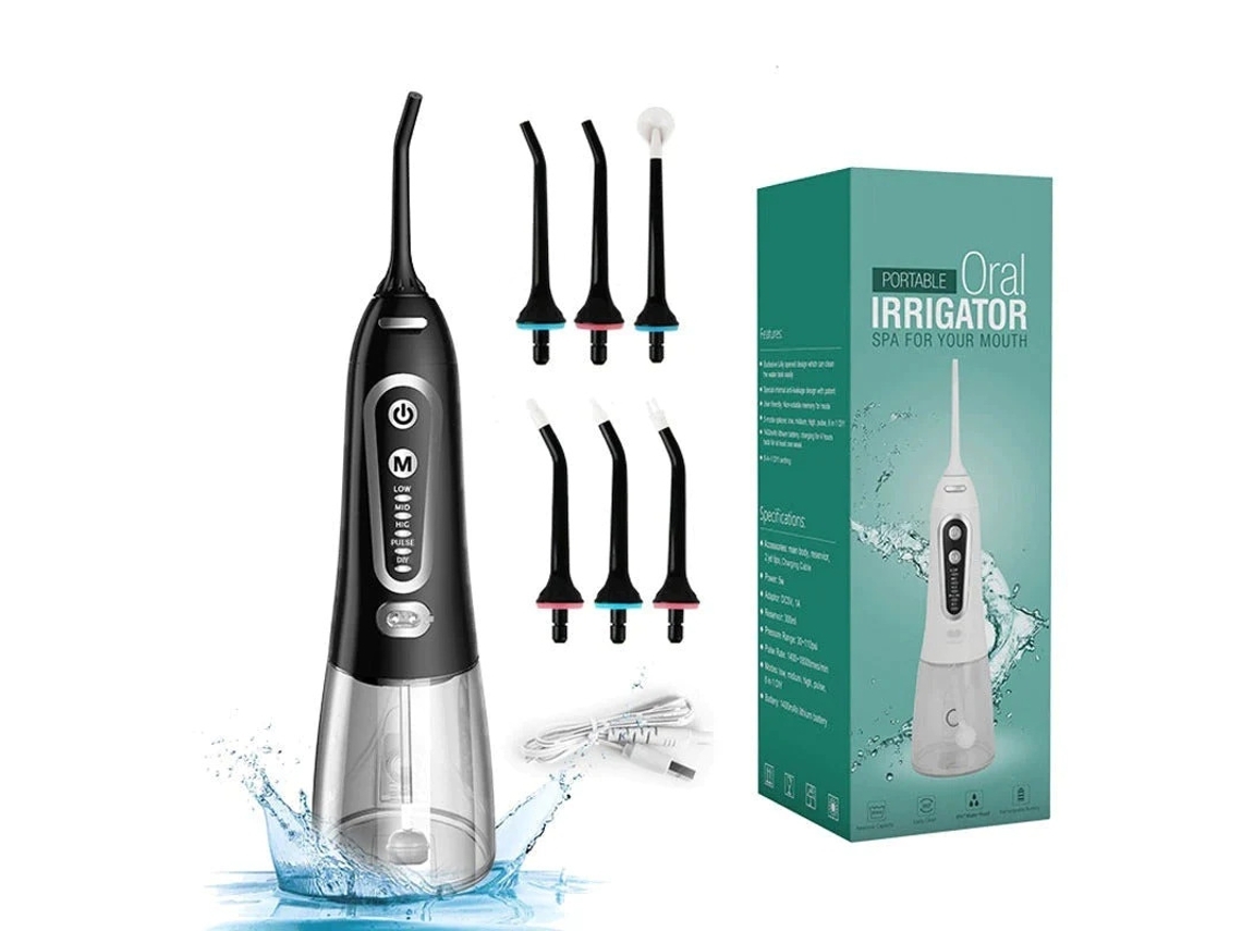 Irrigador bucal eléctrico portátil, raspador ultrasónico, limpieza de dientes bucales, negro, 6 boquillas DIGITALLAB