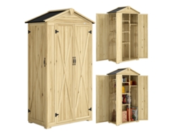 Caseta de jardín de madera, 93x53x168cm, con armario, 4 estantes, 3 puertas, ganchos | Sin marca
