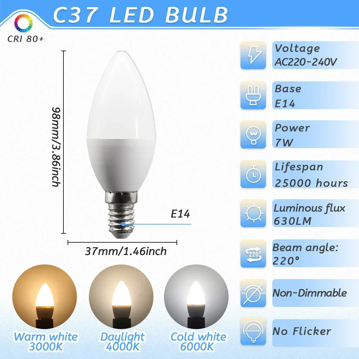 (c37 7w, Luz Natural 4000k) 10pcs E14 Led Candle Bombilla, Ac220v, Para La Lámpara Colgante, Ahorro De Energía Y Protección Del Medio Ambiente