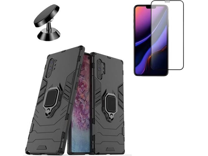 Kit Carcasa, Protector de Cristal 5D Full Cover y Soporte Magnetico Auto Samsung Galaxy Note 10+ Military Defender Negro