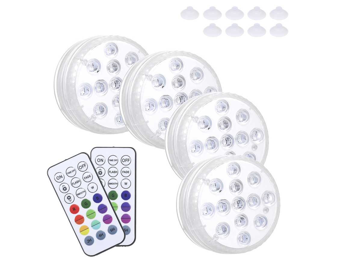 Lámpara sumergible RGBW 2026 con 13 LED, 2 mandos a distancia RF, imán y ventosas, resistente al agua IP68, funciona con pilas, paquete de 4