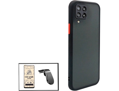 Kit Funda Antichoque, Cristal Templado CeramicGlass Full Cover y Soporte Magnético L Safe Driving Coche Samsung Galaxy A12 PHONECARE Negro