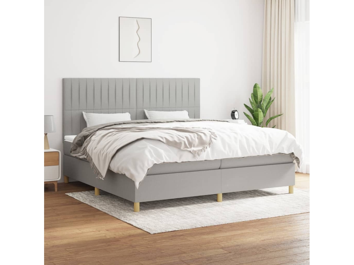 Cama Box Spring Con Colchón Tela Gris Claro 200x200 Cm