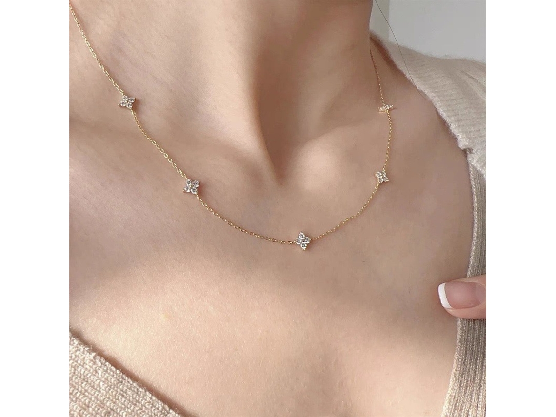 (oro) Collar De Plata De Ley 925 Con Trébol De Cuatro Hojas Y Diamantes, Brillante Y Elegante, Versátil Y Lujoso.