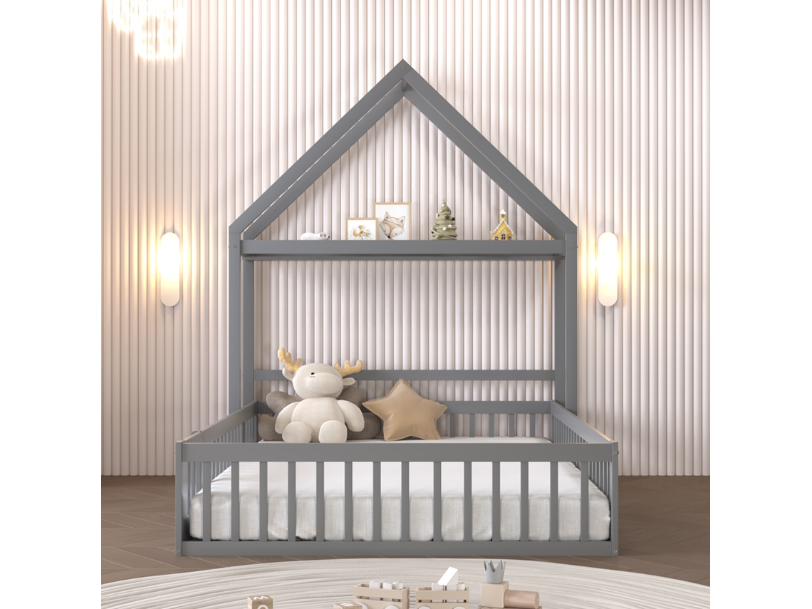 Cama infantil estilo cabaña de madera maciza de 140 x 200 cm con perchero gris.