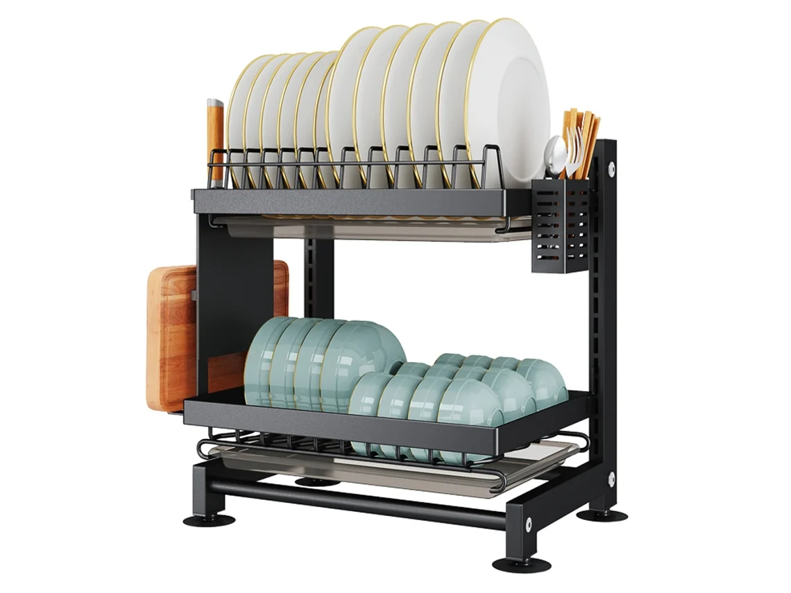 Escurridor de platos ajustable de 2 niveles Sygo con vajilla Organizador de cocina completo