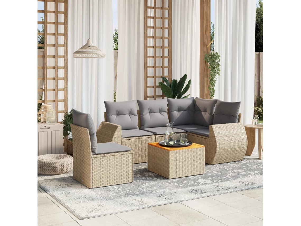 Conjunto de sofá de jardín de 6 piezas con cojines, mimbre sintético beige, Dkd Home Decor