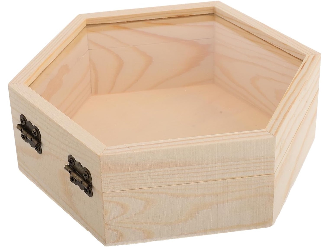 Hexagonal Madera Cristal Almacenamiento Multifuncional Joyas Elegantes Decoraciones Caja Tapa Pino Boda