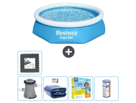 Piscina hinchable redonda Fast Set BESTWAY - 244 x 61 cm - Azul - Bomba incluida Vela solar - Paquete de mantenimiento - Filtrar - Baldosas
