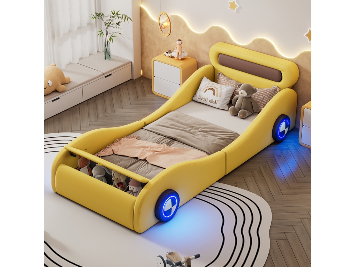 Cama Infantil Coche 90x200 Cm, Tapizada Pu, Ruedas Led, Almacenamiento Integrado, Diseño Infantil Amarillo, Colchón No Incluido.
