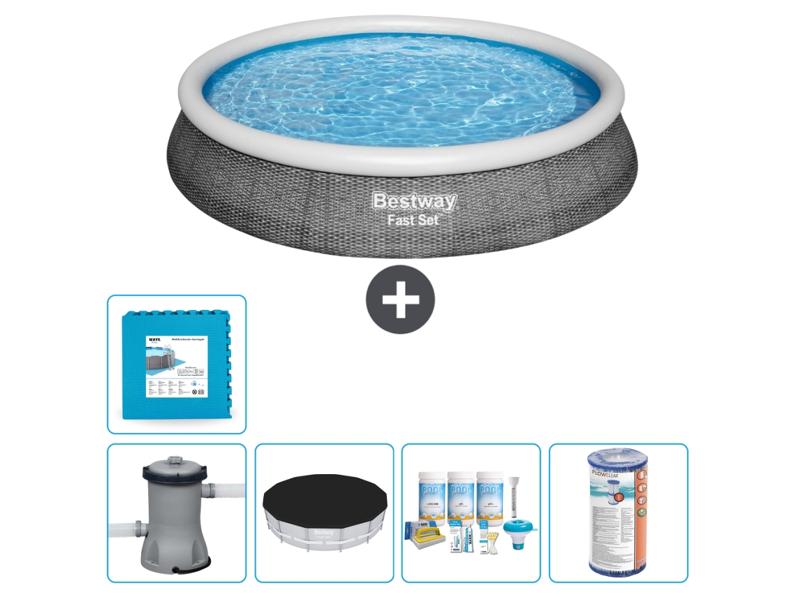 Piscina hinchable redonda Fast Set BESTWAY - Estampado ratán - 396 x 84 cm - Bomba incluida Cubrir - Paquete de mantenimiento - Filtrar - Baldosas