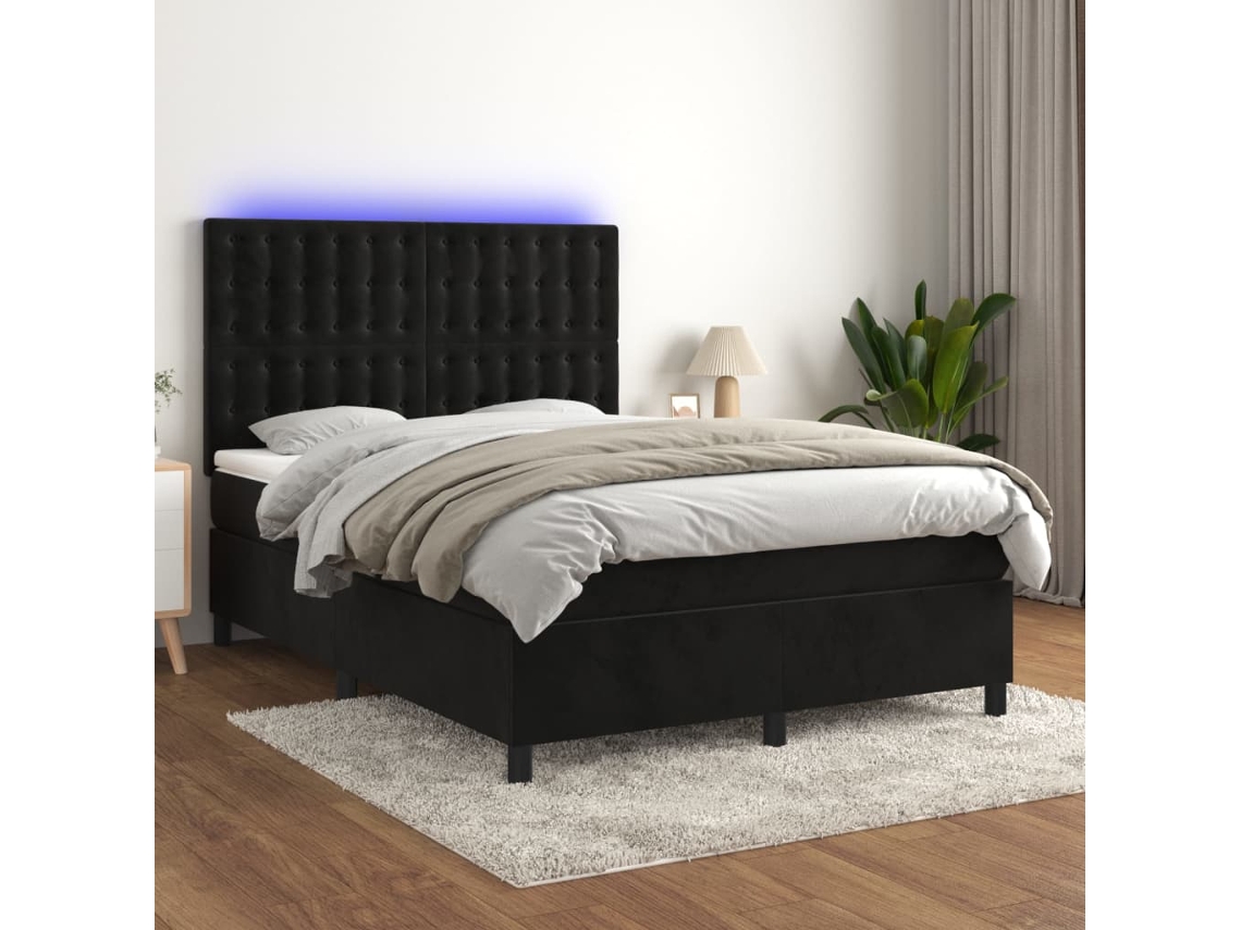 Cama Box Spring Colchón Y Led Terciopelo Negro 140x200 Cm