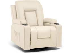 Sillón reclinable en piel sintética con respaldo y reposapiés regulables, rotación de 360°, portavasos y bolsillos laterales, beige Comhoma
