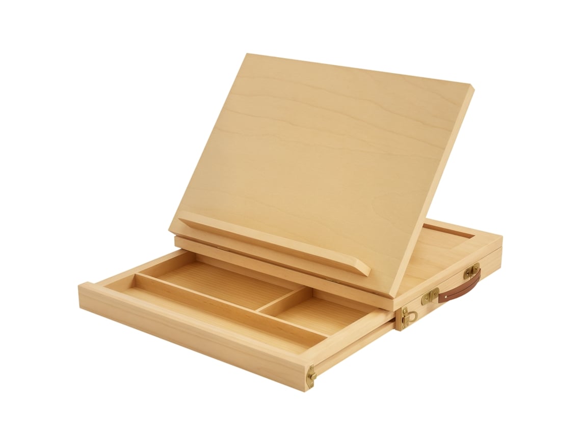 Mesa de caballete de madera con cajón para lienzos pequeños, ideal para principiantes, acabado natural.