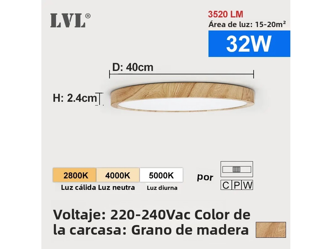 Lámpara de techo LED moderna con diseño de madera dorada. MDUG (32 W, multicolor, con efecto madera)