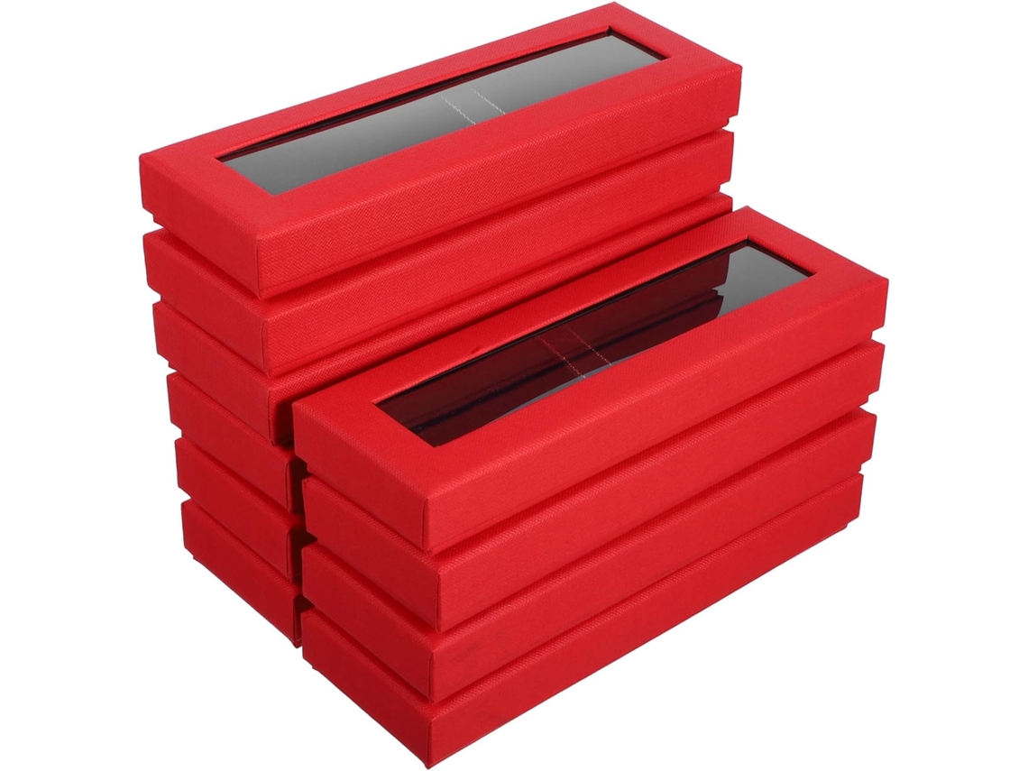 10 cajas de regalo transparentes con ventana para bolígrafos individuales, unidades en rojo.