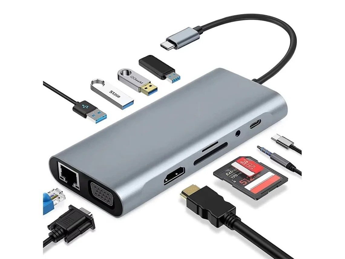 Adaptador HDMI a concentrador USB C, adaptador multipuerto 11 en 1 con Gigabit Ethernet, VGA, HDMI, 4 USB, Bestvite