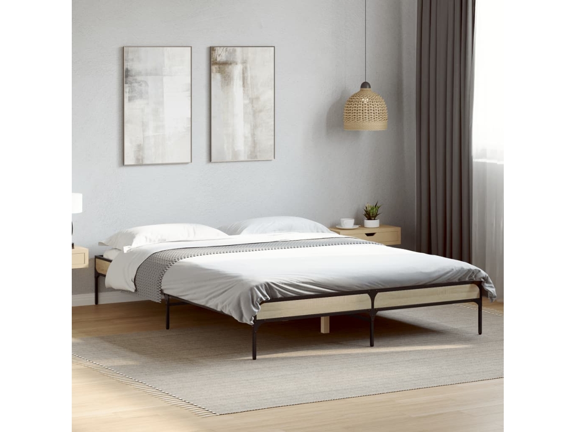 Estructura Cama Madera Ingeniería Metal Roble Sonoma 140x190 Cm