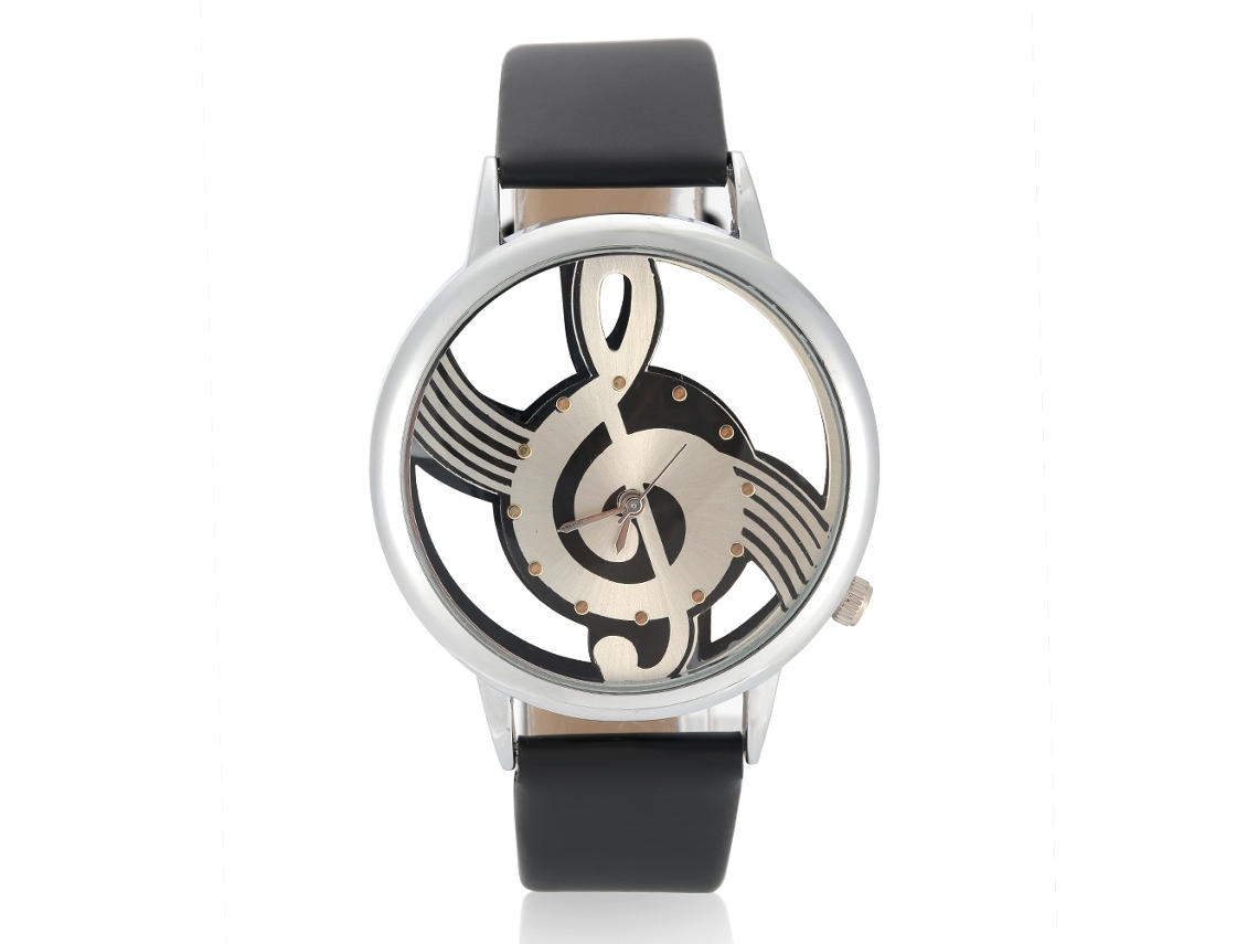 Reloj De Pulsera Analógico De Cuarzo Para Parejas Con Esfera Calada, Diseño De Notas Musicales Y Correa De Pu Negra.