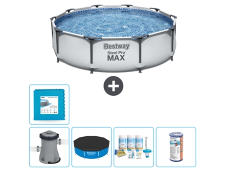 Piscina BESTWAY Round Steel Pro MAX - 305 x 76 cm - Gris - Bomba incluida Cubrir - Paquete de mantenimiento - Filtrar - Baldosas