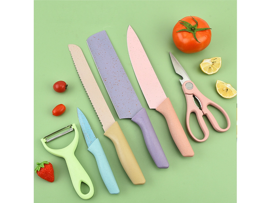 Juego De 6 Cuchillos De Cocina De Acero Inoxidable Con Mangos Ergonómicos Y Tijeras Prácticas.