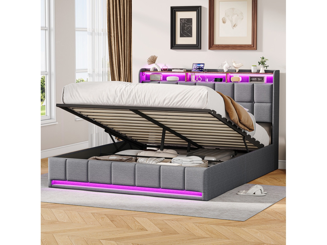 Cama De Matrimonio Grande 160x200cm Gris Lino Con Almacenamiento Hidráulico, Cabecero Led Rgb Y Puertos Usb/tipo-c Diseño Moderno