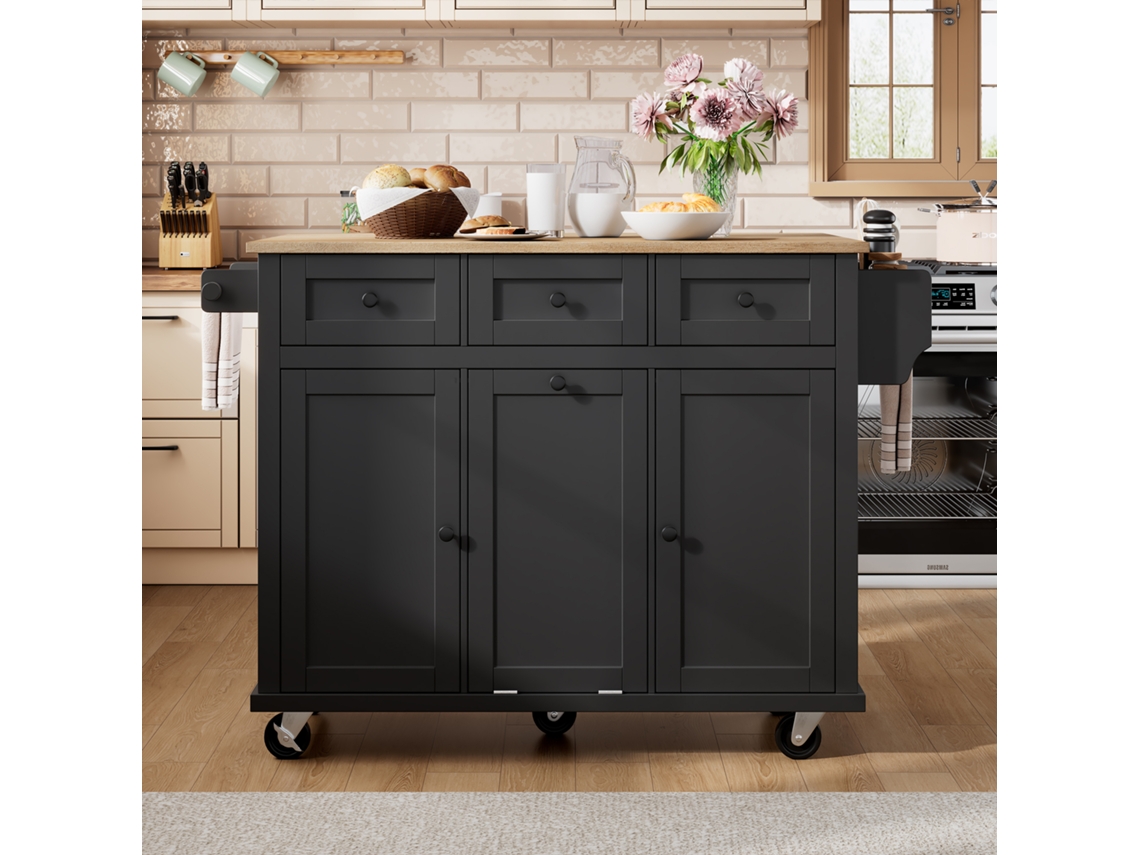 Isla De Cocina Móvil 131 Cm - Extensible Con Ruedas, Cajones Y Cubo Basura - Negro