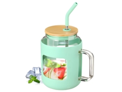 Vaso De Vidrio De 1.5 Litros Con Tapa De Bambú, Pajita Y Asa A Prueba De Fugas, Libre De Bpa, Para Café Helado.