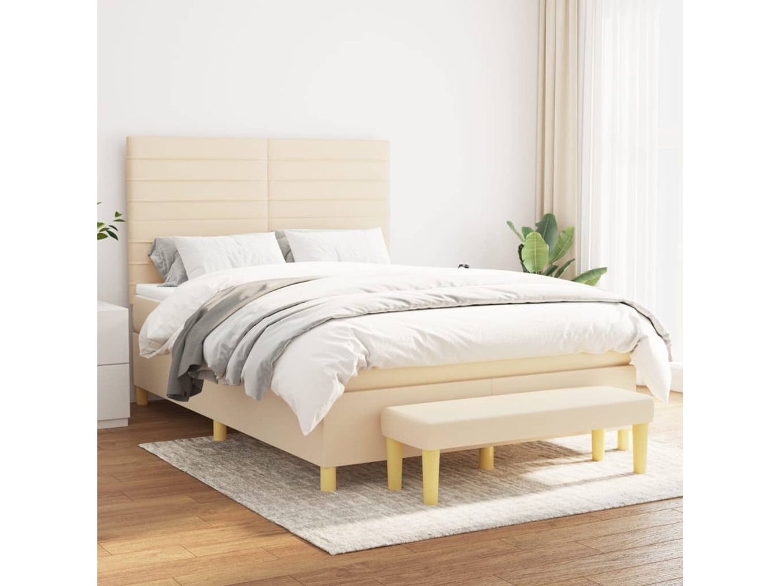 Cama Box Spring Con Colchón Tela Color Crema 140x190 Cm