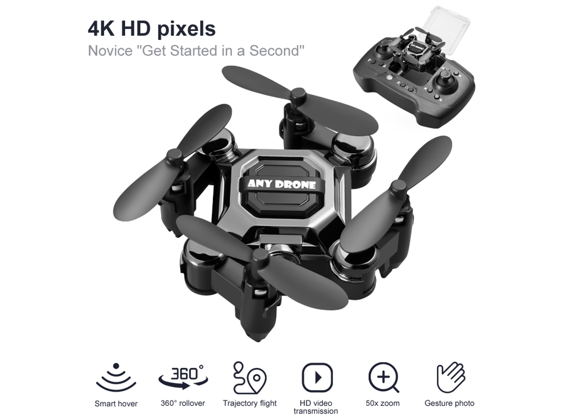 Mini Dron Plegable, Aeronave Portátil De Altitud Fija Con Cámara 4k (1 Baterías - Duración De La Batería 10 Min - Negro)