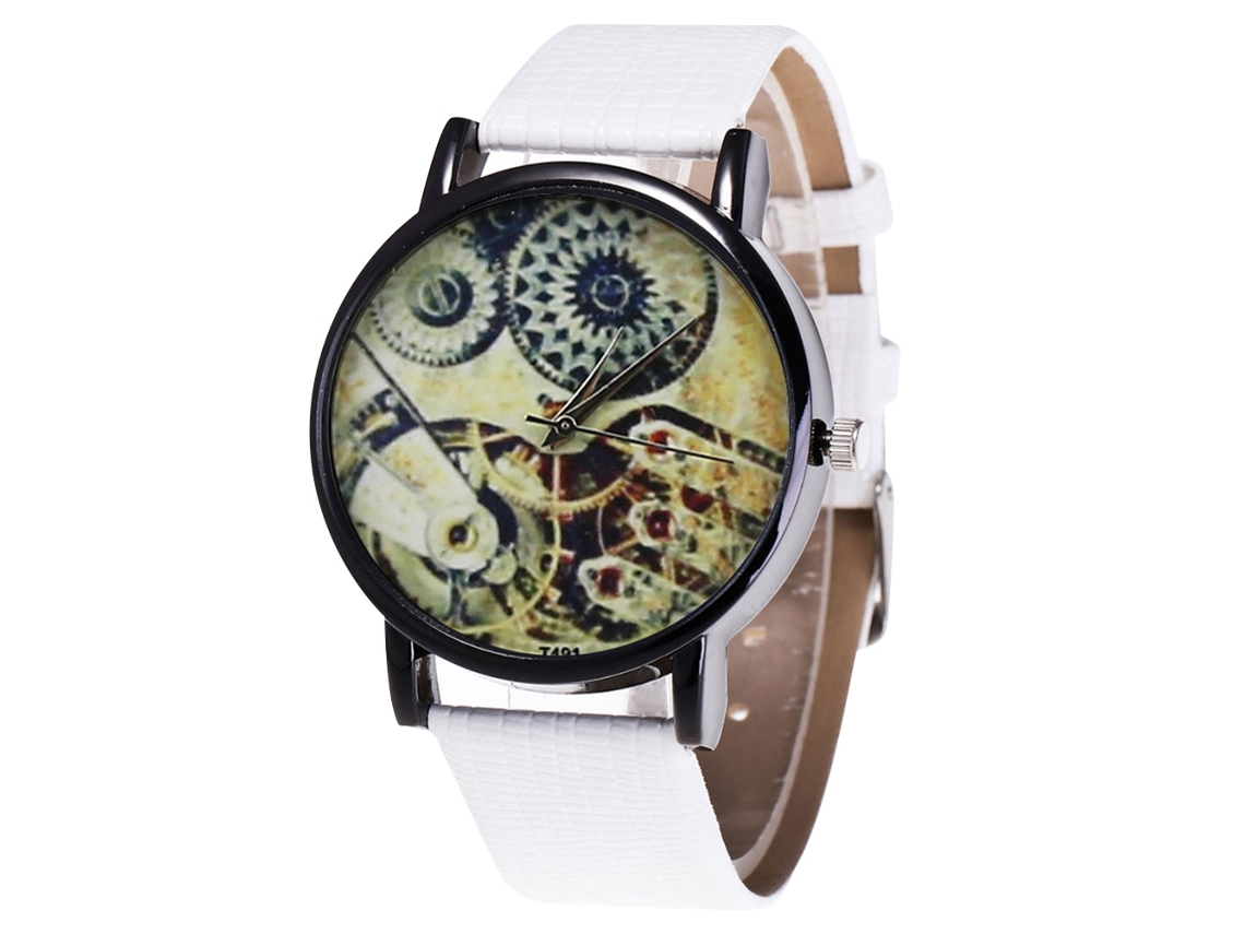 Reloj De Cuarzo Con Correa De Cuero Pu Moda Dial Redondo Para Parejas (blanco)