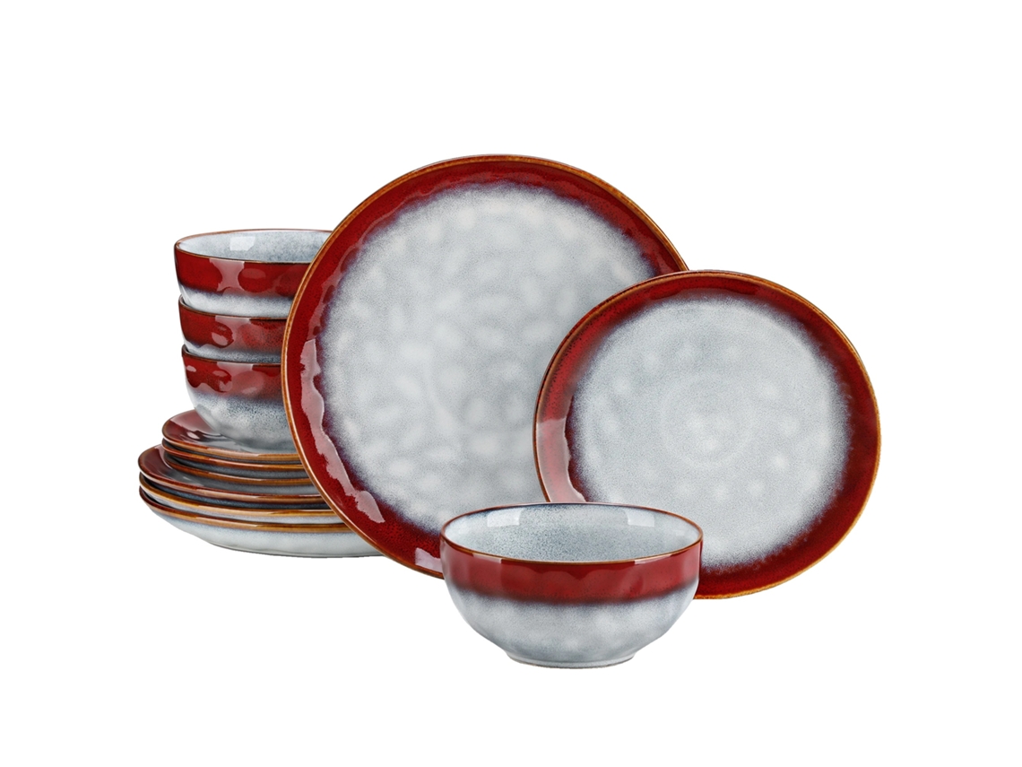 Juego de vajilla de cerámica roja, diseño elegante, apto para microondas, 12 piezas